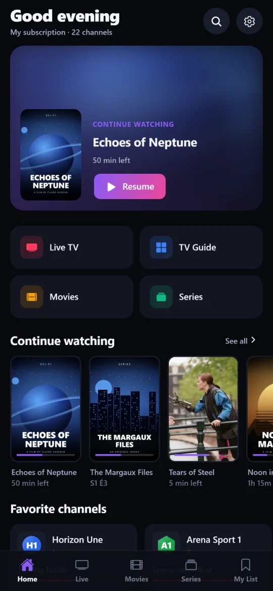 Home screen with resume