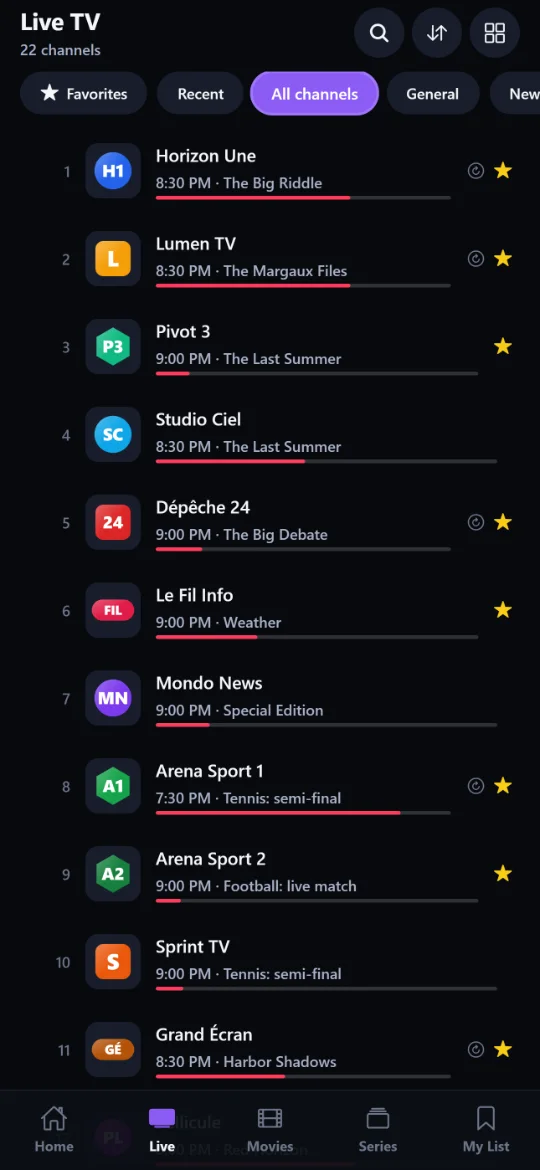 Live channel list