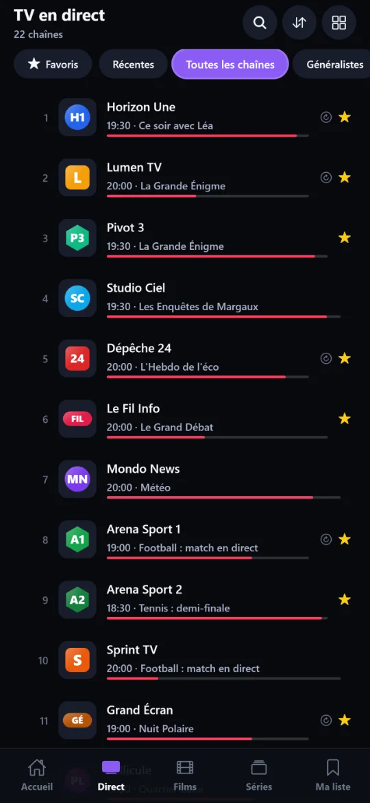 Liste des chaînes en direct
